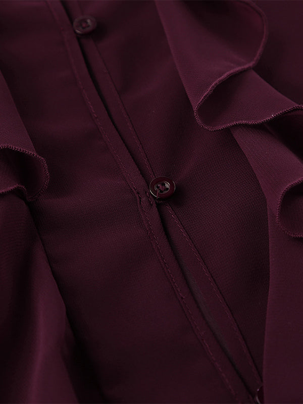 Ruffle Chiffon Blouse Women Chic Sheer Top - Wine Red Retro Victorian Cascading Flare Sleeve - Spring Party Club 2026
