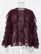 Ruffle Chiffon Blouse Women Chic Sheer Top - Wine Red Retro Victorian Cascading Flare Sleeve - Spring Party Club 2026