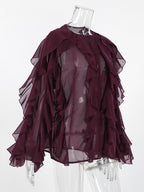 Ruffle Chiffon Blouse Women Chic Sheer Top - Wine Red Retro Victorian Cascading Flare Sleeve - Spring Party Club 2026