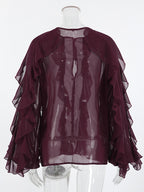 Ruffle Chiffon Blouse Women Chic Sheer Top - Wine Red Retro Victorian Cascading Flare Sleeve - Spring Party Club 2026