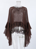 Sheer Chiffon Blouse Women's Flare Sleeve Top - Brown Boho Ruffle Tiered Loose Fit - Spring Party Night 2026