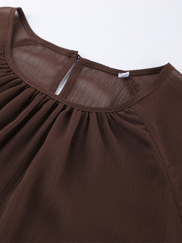 Sheer Chiffon Blouse Women's Flare Sleeve Top - Brown Boho Ruffle Tiered Loose Fit - Spring Party Night 2026