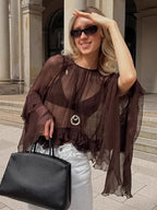 Sheer Chiffon Blouse Women's Flare Sleeve Top - Brown Boho Ruffle Tiered Loose Fit - Spring Party Night 2026