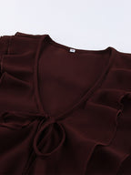 Ruffle Chiffon Blouse For Women - Burgundy Elegant Tie Front Flare Long Sleeve Top - Spring Desk-to-dinner 2026