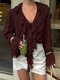 Ruffle Chiffon Blouse For Women - Burgundy Elegant Tie Front Flare Long Sleeve Top - Spring Desk-to-dinner 2026
