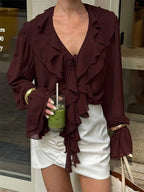 Ruffle Chiffon Blouse For Women - Burgundy Elegant Tie Front Flare Long Sleeve Top - Spring Desk-to-dinner 2026