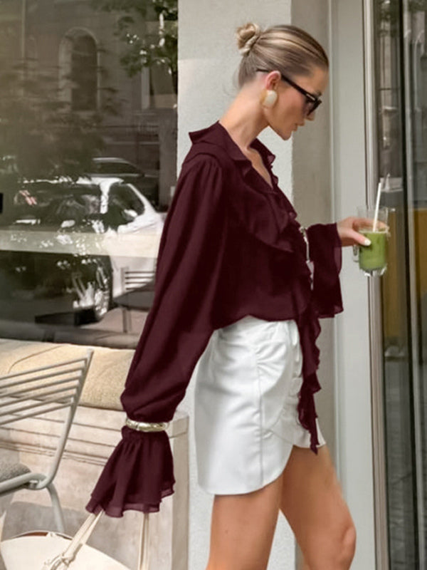 Ruffle Chiffon Blouse For Women - Burgundy Elegant Tie Front Flare Long Sleeve Top - Spring Desk-to-dinner 2026