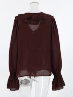 Ruffle Chiffon Blouse For Women - Burgundy Elegant Tie Front Flare Long Sleeve Top - Spring Desk-to-dinner 2026