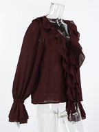 Ruffle Chiffon Blouse For Women - Burgundy Elegant Tie Front Flare Long Sleeve Top - Spring Desk-to-dinner 2026
