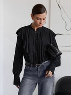 Vintage Ruffle Blouse For Women - Black Elegant Button Up Victorian Long Sleeve Top - Spring Desk-to-dinner 2026