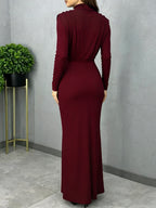 Mock Neck Maxi Dress For Women - Back Slit Long Sleeve Gown - Spring Evening Party 2026
