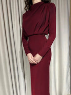 Mock Neck Maxi Dress For Women - Back Slit Long Sleeve Gown - Spring Evening Party 2026