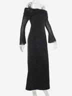 Glitter Off Shoulder Maxi Dress For Women - Sparkly Mesh Long Sleeve Mermaid Gown - Spring Gala Evening Party Outfits 2026