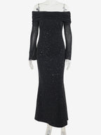 Glitter Off Shoulder Maxi Dress For Women - Sparkly Mesh Long Sleeve Mermaid Gown - Spring Gala Evening Party Outfits 2026