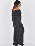 Glitter Off Shoulder Maxi Dress For Women - Sparkly Mesh Long Sleeve Mermaid Gown - Spring Gala Evening Party Outfits 2026
