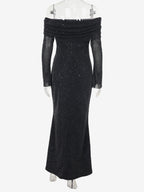 Glitter Off Shoulder Maxi Dress For Women - Sparkly Mesh Long Sleeve Mermaid Gown - Spring Gala Evening Party Outfits 2026