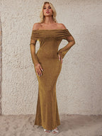Glitter Off Shoulder Maxi Dress For Women - Sparkly Mesh Long Sleeve Mermaid Gown - Spring Gala Evening Party Outfits 2026