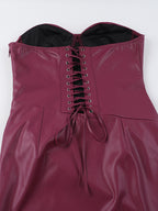 Faux Leather Corset Dress For Women - Wine Red Gothic Lace Up Back Ruched Long Dress - Summer Club Night Outfits 2026