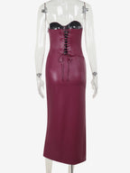 Faux Leather Corset Dress For Women - Wine Red Gothic Lace Up Back Ruched Long Dress - Summer Club Night Outfits 2026