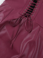 Faux Leather Corset Dress For Women - Wine Red Gothic Lace Up Back Ruched Long Dress - Summer Club Night Outfits 2026