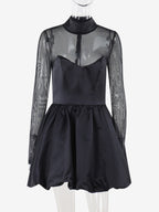 Mesh Sleeve Mini Dress For Women - Black Elegant Mock Neck Puff Skater - Spring Evening Cocktail 2026