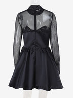 Mesh Sleeve Mini Dress For Women - Black Elegant Mock Neck Puff Skater - Spring Evening Cocktail 2026