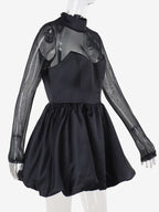Mesh Sleeve Mini Dress For Women - Black Elegant Mock Neck Puff Skater - Spring Evening Cocktail 2026