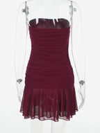 Tube Mini Dress For Women - Ruched Mesh Hem Slit Bodycon Dress - Summer Night Out Clubwear 2026