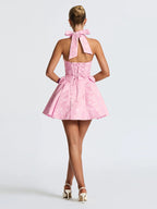 Halter Neck Jacquard Mini Dress For Women - Backless A-line Skater Dress With Big Bows - Summer Birthday Party 2026