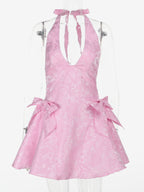 Halter Neck Jacquard Mini Dress For Women - Backless A-line Skater Dress With Big Bows - Summer Birthday Party 2026