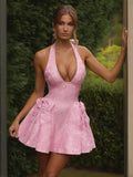 Halter Neck Jacquard Mini Dress For Women - Backless A-line Skater Dress With Big Bows - Summer Birthday Party 2026