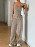 Ribbed Two Piece Set For Women - Khaki Sexy Tube Top And Wide Leg Pant Set - Summer Beach Vacation 2026