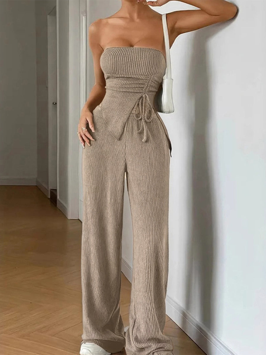 Ribbed Two Piece Set For Women - Khaki Sexy Tube Top And Wide Leg Pant Set - Summer Beach Vacation 2026