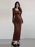 Ruched Maxi Dress For Women - Minimalist Back Slit Long Sleeve Slit Bodycon Dress - Spring Date Night 2026
