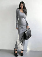 Ruched Maxi Dress For Women - Minimalist Back Slit Long Sleeve Slit Bodycon Dress - Spring Date Night 2026