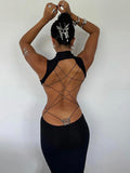 Backless Maxi Dress For Women - Butterfly Detail Mock Neck Black Bodycon Long Dress - Summer Night Out Clubwear 2026