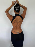 Backless Maxi Dress For Women - Butterfly Detail Mock Neck Black Bodycon Long Dress - Summer Night Out Clubwear 2026