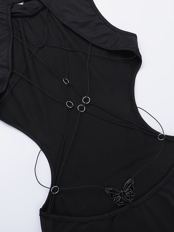 Backless Maxi Dress For Women - Butterfly Detail Mock Neck Black Bodycon Long Dress - Summer Night Out Clubwear 2026