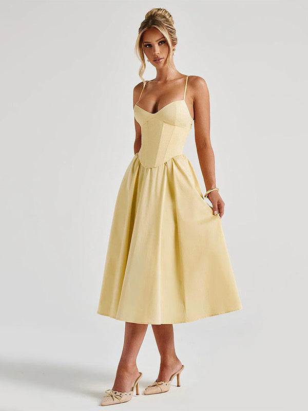 Corset Style Midi Dress Women - Cottagecore Spaghetti Strap Sundress - Summer Garden Wedding Guest Dress 2026