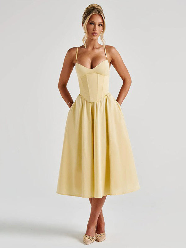 Corset Style Midi Dress Women - Cottagecore Spaghetti Strap Sundress - Summer Garden Wedding Guest Dress 2026