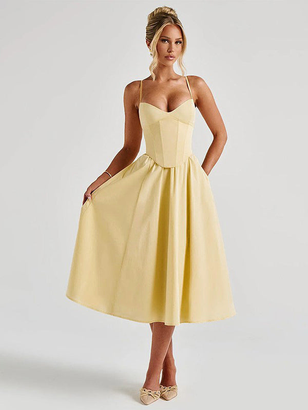 Corset Style Midi Dress Women - Cottagecore Spaghetti Strap Sundress - Summer Garden Wedding Guest Dress 2026