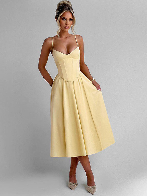 Corset Style Midi Dress Women - Cottagecore Spaghetti Strap Sundress - Summer Garden Wedding Guest Dress 2026