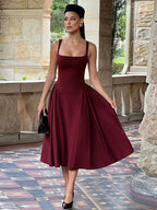 Square Neck Midi Dress For Women - Retro A-Line Pleated Dress - Spring Cocktail Party 2026