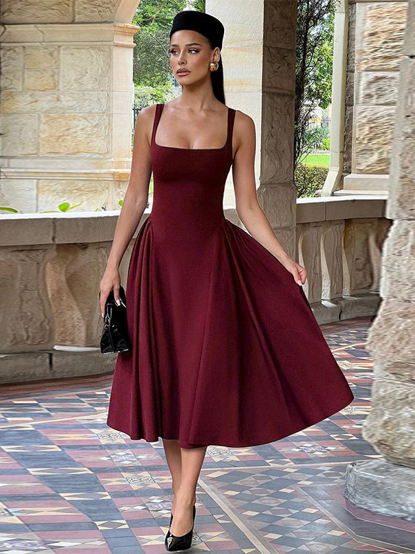 Square Neck Midi Dress For Women - Retro A-Line Pleated Dress - Spring Cocktail Party 2026