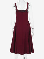 Square Neck Midi Dress For Women - Retro A-Line Pleated Dress - Spring Cocktail Party 2026