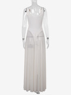 Sheer Maxi Dress For Women - Sexy V-neck Mesh Patchwork Bodysuit Flowy Gown - Summer Beach Club 2026
