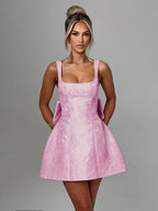 Jacquard Coquette Mini Dress For Women - Barbiecore Big Bow Back Sleeveless A Line - Summer Birthday Party Outfits 2026