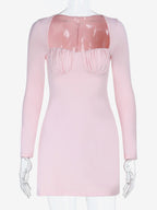 Coquette Bodycon Mini Dress For Women - Pastel Pink Long Sleeve Ruched Bust - Spring Brunch Date Night Outfits 2026