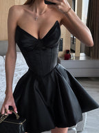 Corset Coquette Satin Dress For Women - Black Gothic Sweetheart Boned Sleeveless A Line Dress - Summer Birthday Party 2026