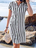 Vertical Striped Women's Shirt Dress - Short Sleeve Button Down Midi Dress - Summer Beach Vacation 2026